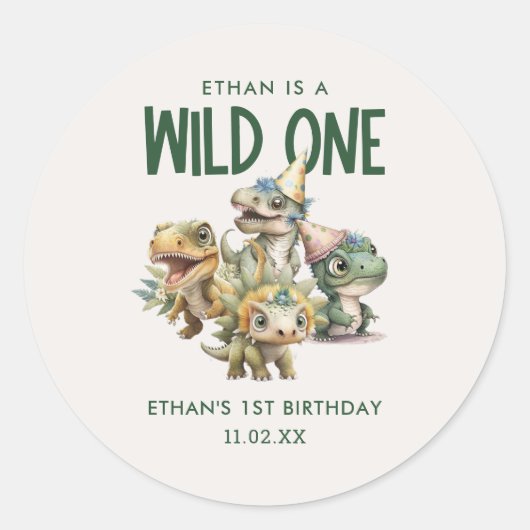 Sticker Rond Wild One mignon Dinosaur Première fête d'anniversa (Devant)