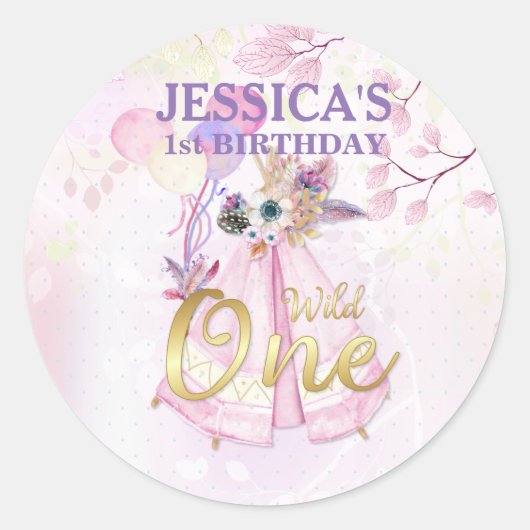Sticker Rond Wild One premier anniversaire rose TeePee Boho (Devant)