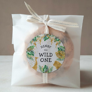 Sticker Rond Wild One Safari 1er anniversaire fête Green Gold E