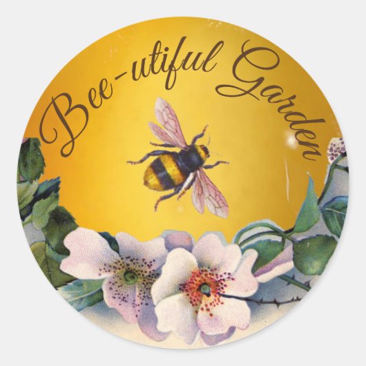 STICKER ROND WILD ROSES AND HONEY BEE FLORAL BEEKEEPING (Devant)