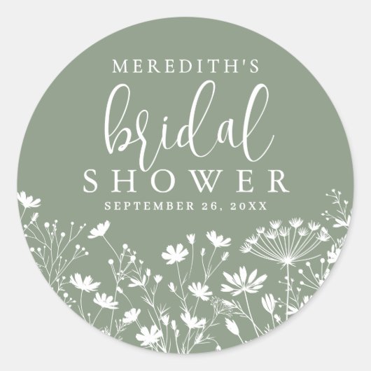 Sticker Rond Wildflower Sage Green Bridal Shower (Devant)
