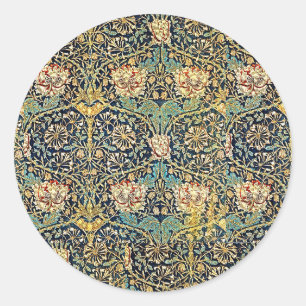 Sticker Rond William Morris Motif Floral Or Turquoise Rouge