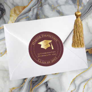 Sticker Rond Wine Gold Grad Cap Class of 2026 Return Address