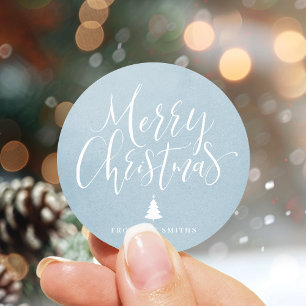 Sticker Rond Winter Blue Simple Calligraphie Joyeux Noël