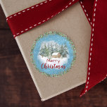Sticker Rond Winter Forest Rustic Cabin Merry Christmas<br><div class="desc">A water color cabin is nestled in the forest among the snow-covered trees,  with more snowflakes falling,  on these Merry Christmas stickers it parfait to add the finishing holiday touch to your cards and poists.</div>