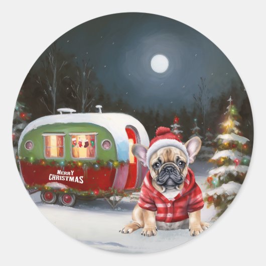 Sticker Rond Winter French Bulldog Caravan Christmas Adventure (Devant)