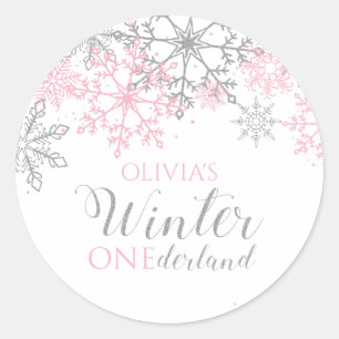 Sticker Rond Winter Onederland Flocon de neige argent et rose