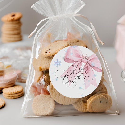 Sticker Rond Winter ONEderland Pink Bow 1st Birthday Party