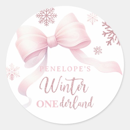 Sticker Rond Winter Onederland Pink Bow Girl 1st Birthday (Devant)
