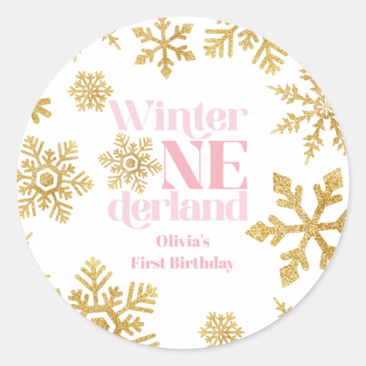 Sticker Rond Winter Onederland Pink Gold Snowflake 1er annivers (Devant)