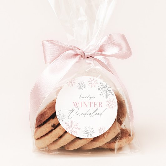 Sticker Rond Winter Onederland Silver Pink Parties scintillant