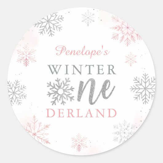 Sticker Rond Winter Onederland Silver Pink Parties scintillant (Devant)