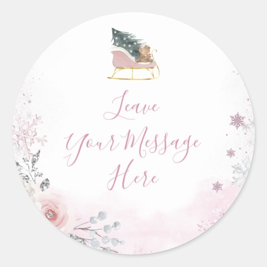Sticker Rond Winter Pastel Pink Snowflake Sleigh Your Message (Devant)