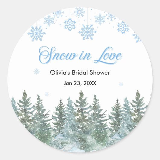 Sticker Rond Winter Pine Snow in Love Snowflakes Bridal Shower (Devant)