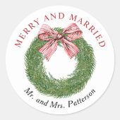 Sticker Rond Winter Pine Wreath Bow Merry & Married Christmas (Devant)
