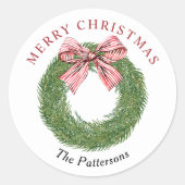 Sticker Rond Winter Pine Wreath Striped Red Bow Merry Christmas (Devant)