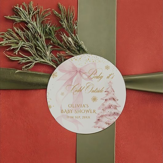Sticker Rond Winter Pink Bow It's Cold Outside Baby Shower