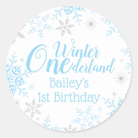 Sticker Rond Winter Wonderland 1er anniversaire Bleu Parties sc (Devant)