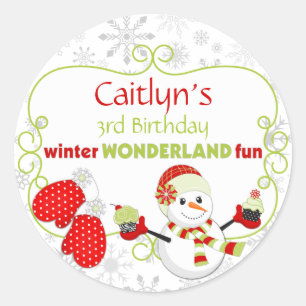 Sticker Rond Winter Wonderland Anniversaire Snowman Mittens