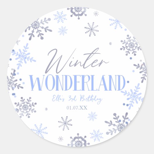Sticker Rond Winter Wonderland Blue Snowflake fête d'anniversai (Devant)
