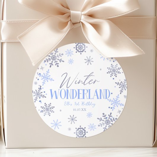Sticker Rond Winter Wonderland Blue Snowflake fête d'anniversai