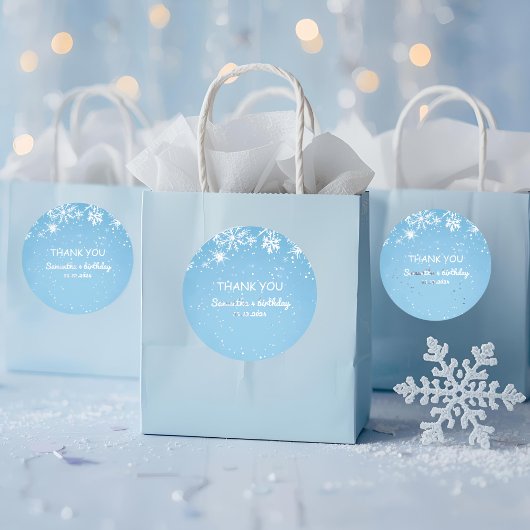 Sticker Rond Winter Wonderland Blue Snowflake Thank You