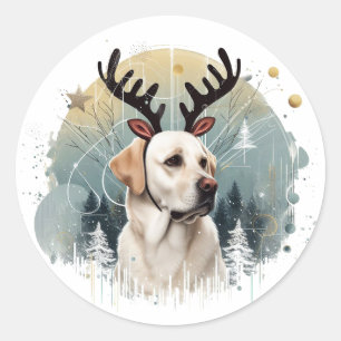 Sticker Rond Winter Wonderland Labrador Retriever Reindeer Xmas