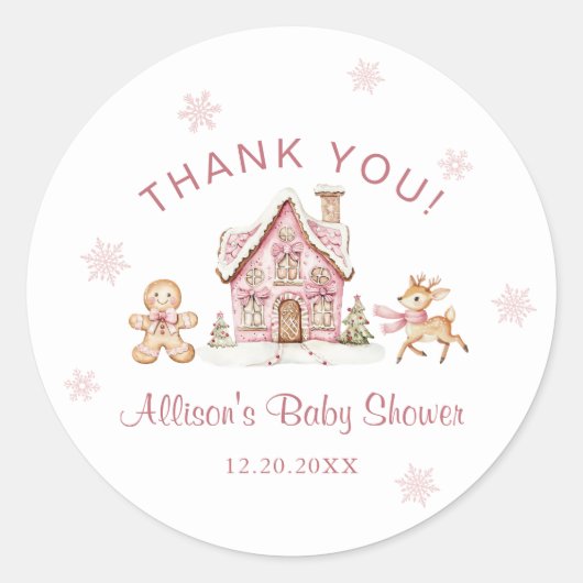 Sticker Rond Winter Wonderland Pink Baby Shower Thank You (Devant)