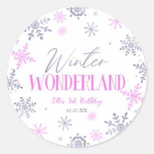 Sticker Rond Winter Wonderland Pink Snowflake fête d'anniversai