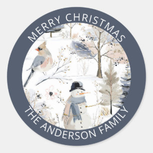 Sticker Rond Winter Wonderland Snowman et Bird Motif