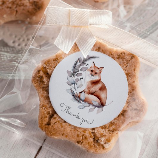 Sticker Rond Winter Woodland Fox Baby shower de script moderne