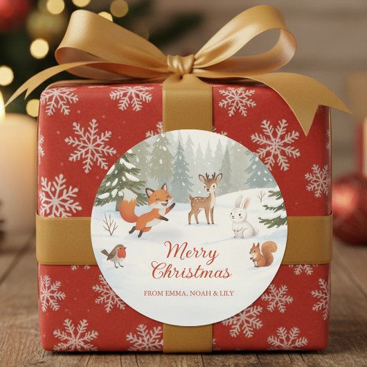 Sticker Rond Winter Woodland Merry Christmas Forest Animals