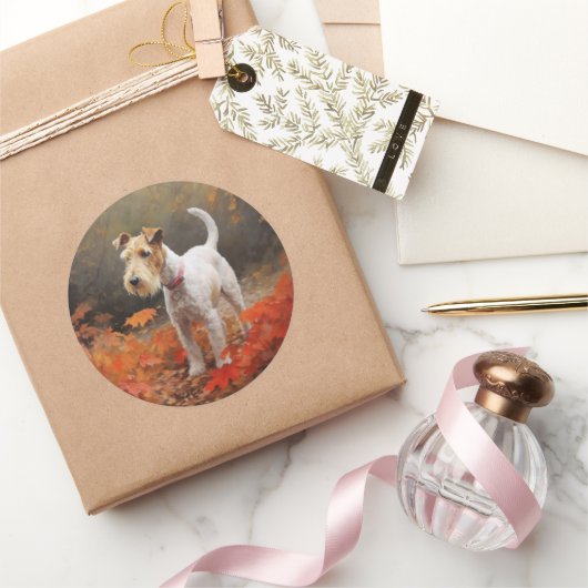 Sticker Rond Wirefox Terrier en automne Leaves automne Inspire (Cadeaux)