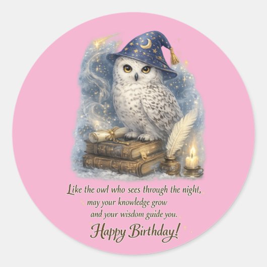 Sticker Rond Wisdom & Knowledge Snow Owl Happy Birthday (Devant)