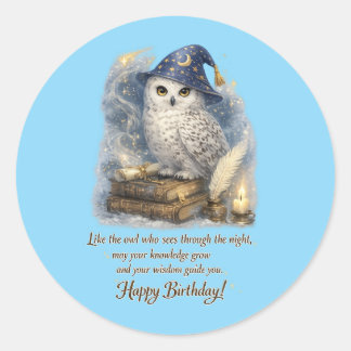 Sticker Rond Wisdom & Knowledge Snow Owl Happy Birthday Card