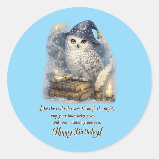 Sticker Rond Wisdom & Knowledge Snow Owl Happy Birthday Card (Devant)