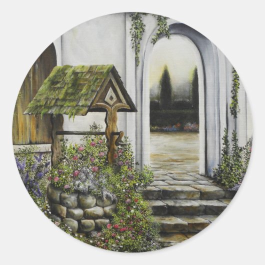 Sticker Rond Wishing well garden ~Peinture à l'huile (Devant)