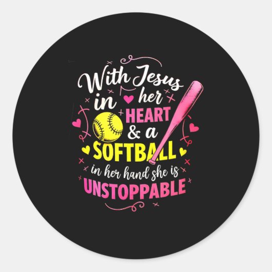 Sticker Rond With Jesus In Her Heart And A Softball She Is Unst (Devant)