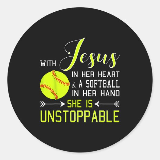 Sticker Rond With Jesus In Her Heart And A Softball She Is Unst (Devant)