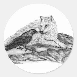 Sticker Rond Wolf and Raven black and white design