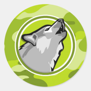 Sticker Rond Wolf ; camo vert vif, camouflage