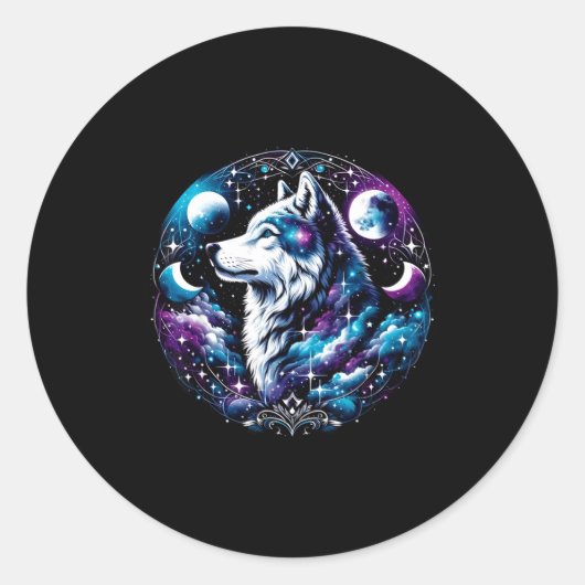 Sticker Rond Wolf Celestial Dream Night Howling Moon Funny Wolv (Devant)