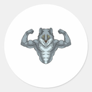 Sticker Rond Wolf comme Bodybuilder avec de grands Muscles