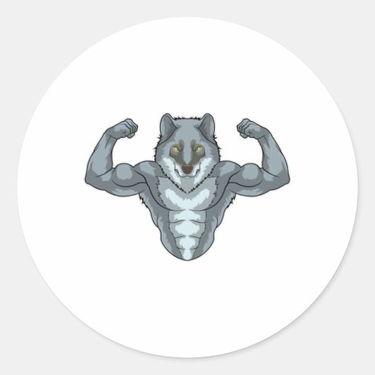 Sticker Rond Wolf comme Bodybuilder avec de grands Muscles (Devant)