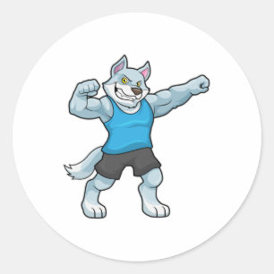 Sticker Rond Wolf comme Bodybuilder avec les gros bras supérieu