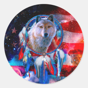 Sticker Rond Wolf et Dreamcatcher en drapeau américain