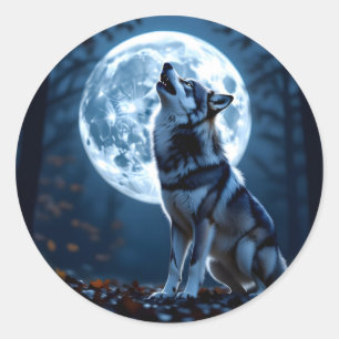 Sticker Rond Wolf Howling à la Lune