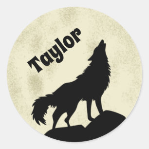 Sticker Rond Wolf Howling at the Moon Illustration personnalisé
