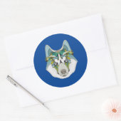 Sticker Rond Wolf husky embelli vert bleu (Enveloppe)