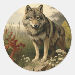 Sticker Rond Wolf In Meadow